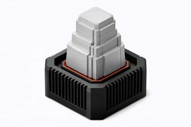 A self-contained hardware dock processing a dense, stepped geometric block, representing a quantized AI model running on an isolated local inference stack.