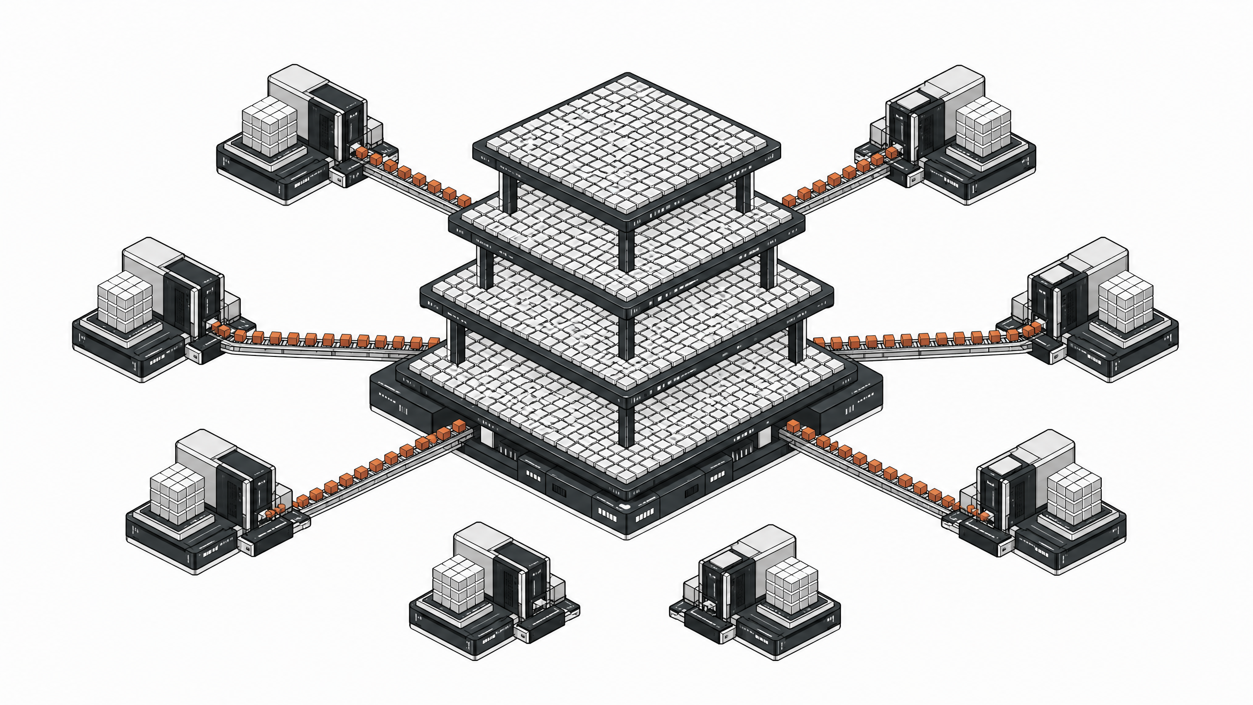 A schematic architectural rendering of autonomous peripheral processing clusters systematically extracting blank data tiles from a central corporate network topology.