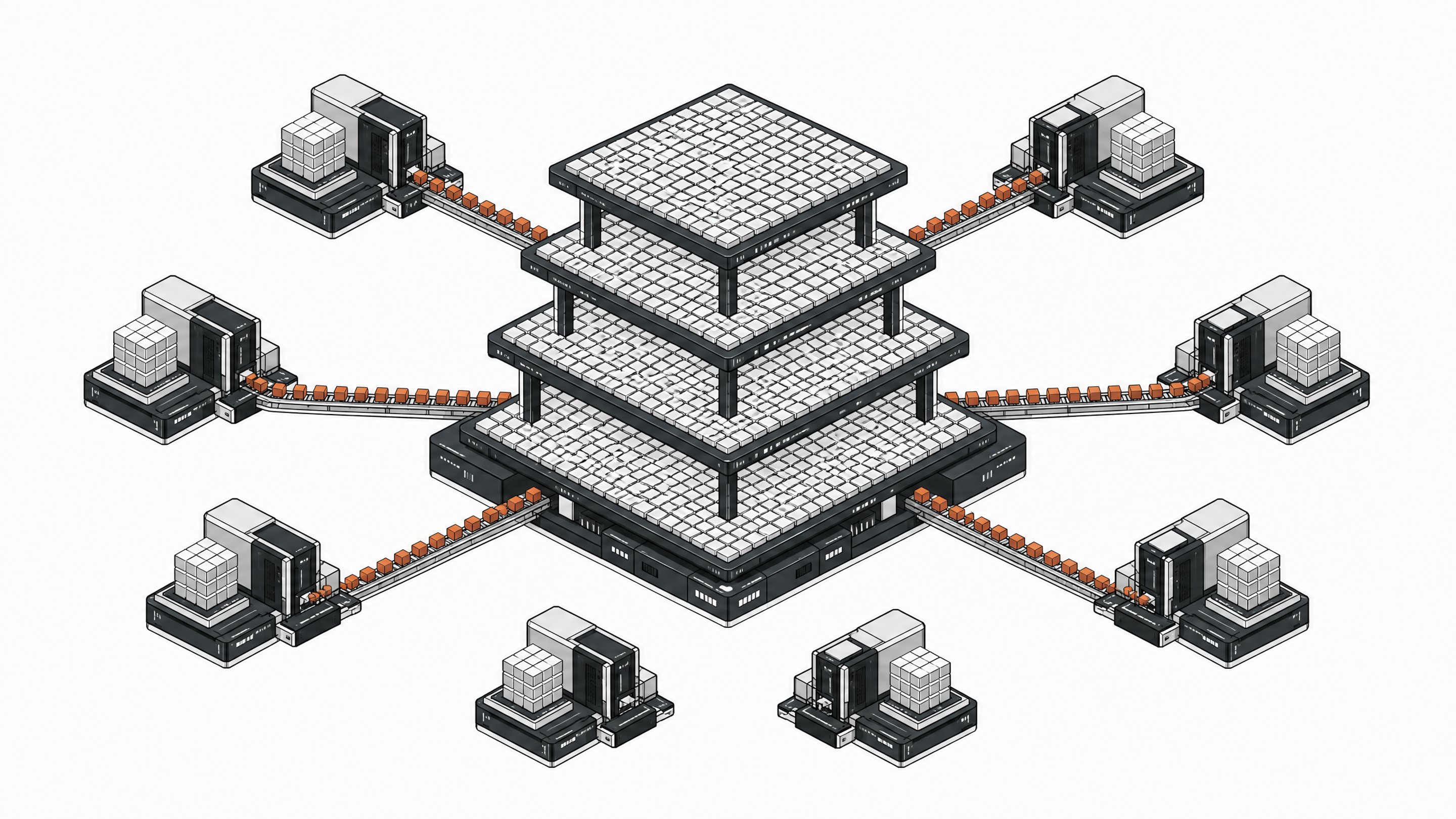 A schematic architectural rendering of autonomous peripheral processing clusters systematically extracting blank data tiles from a central corporate network topology.