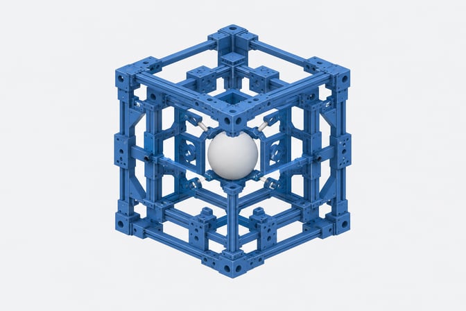 A complex structural mounting scaffolding enclosing a small central sphere, representing the software harness surrounding an AI model.