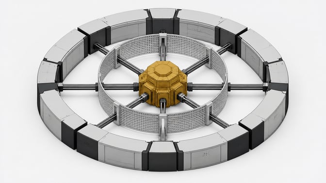 A dense central processing node extending conduits outward through a perforated inner shell, entirely bounded by a thick, solid outer hardware ring, representing local LLM isolation perimeters and tool access containment.