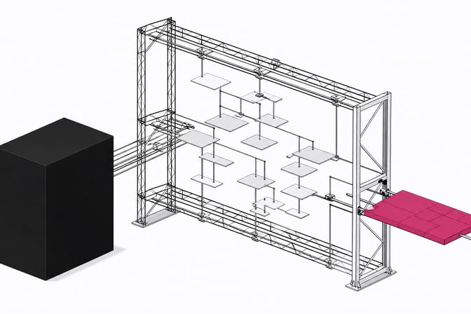 A physical representation of parsing a DOM tree into a constructed UI component, showing an open structural framework where disconnected, branching plates converge through an extraction gate to form a unified interface module, contrasting with a sealed opaque block.