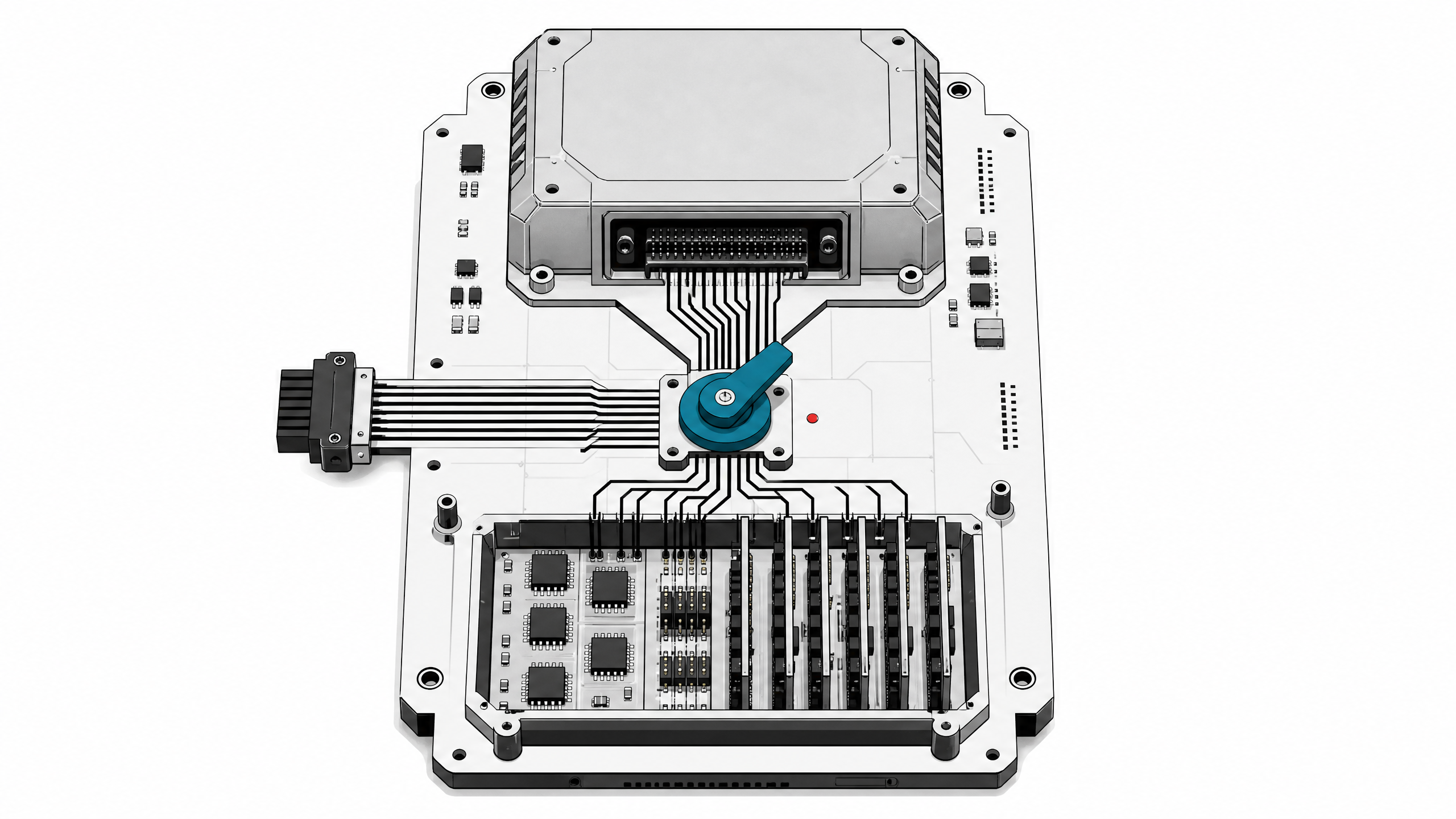 An exploded hardware diagram showing a bypass toggle switch diverting data traces away from a monolithic primary processing block and into a custom-built array of local compute modules.