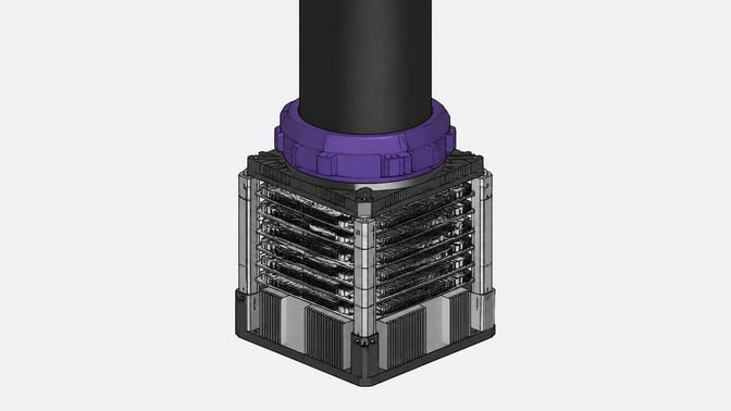 A massive, unlabeled industrial power conduit locking directly into a dense, multi-layered AI computing module.
