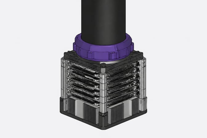 A massive, unlabeled industrial power conduit locking directly into a dense, multi-layered AI computing module.