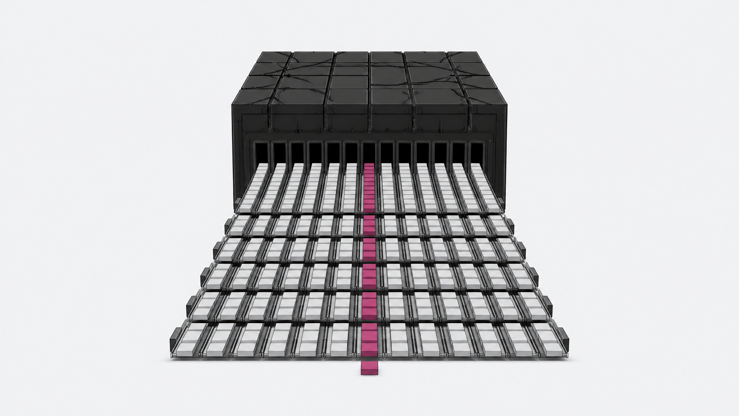 A monolithic central structure extrudes parallel streams of small, blank rectangular chips along a proliferating grid of tracks, illustrating an AI inference engine generating concurrent tokens.