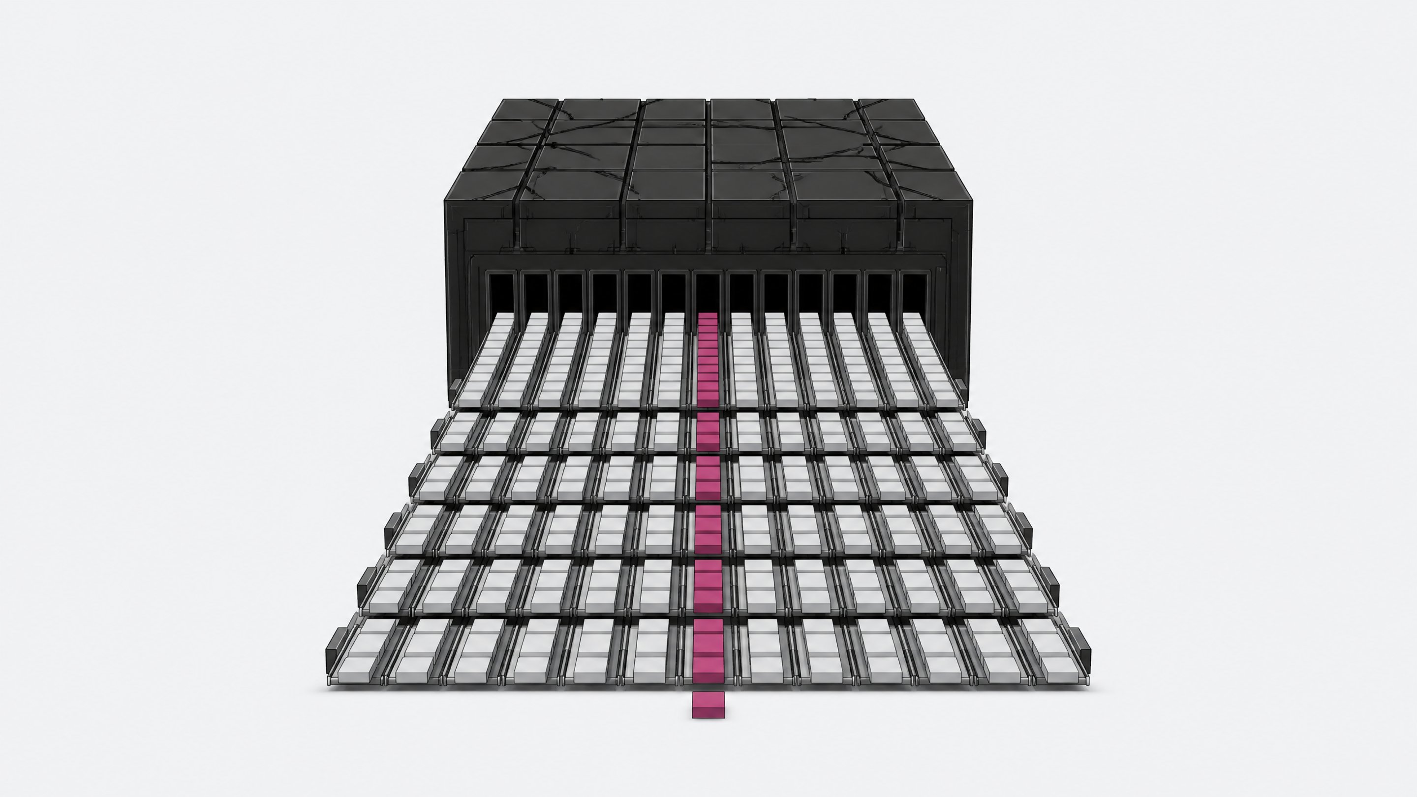 A monolithic central structure extrudes parallel streams of small, blank rectangular chips along a proliferating grid of tracks, illustrating an AI inference engine generating concurrent tokens.