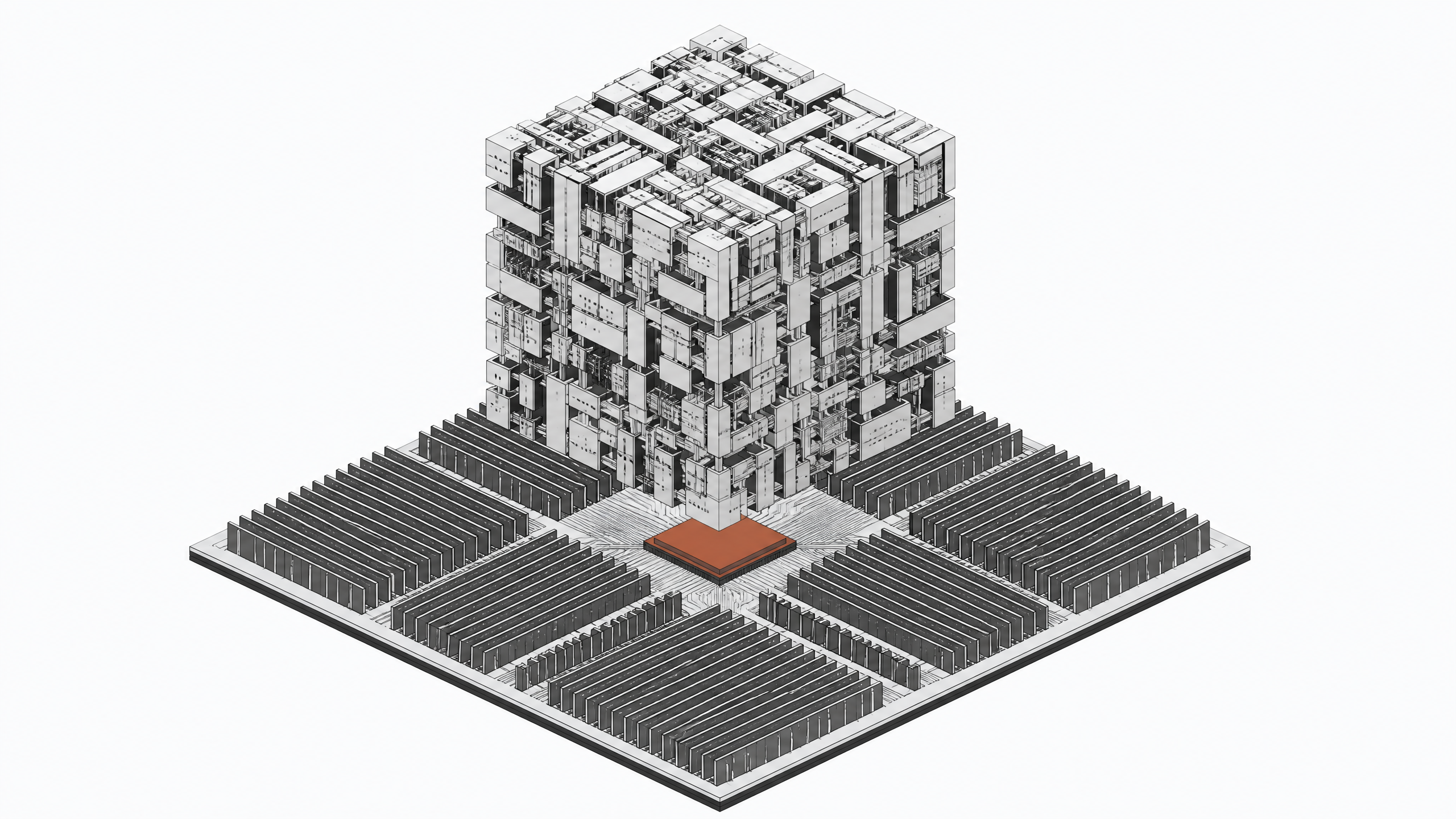 A hardware schematic arrangement showing a massive parameter matrix routing directly through a primary CPU into expansive memory banks, bypassing any secondary coprocessors.