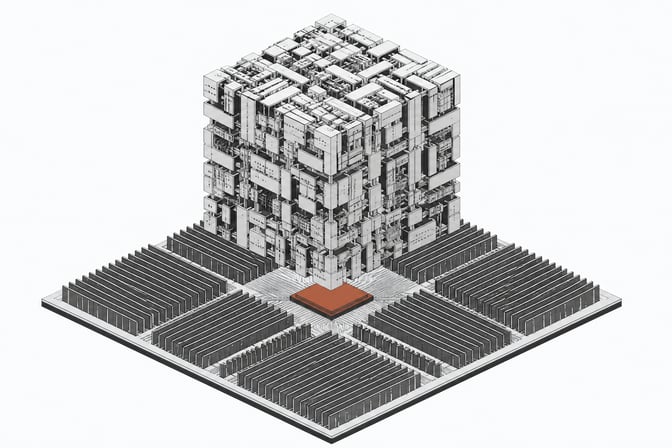A hardware schematic arrangement showing a massive parameter matrix routing directly through a primary CPU into expansive memory banks, bypassing any secondary coprocessors.