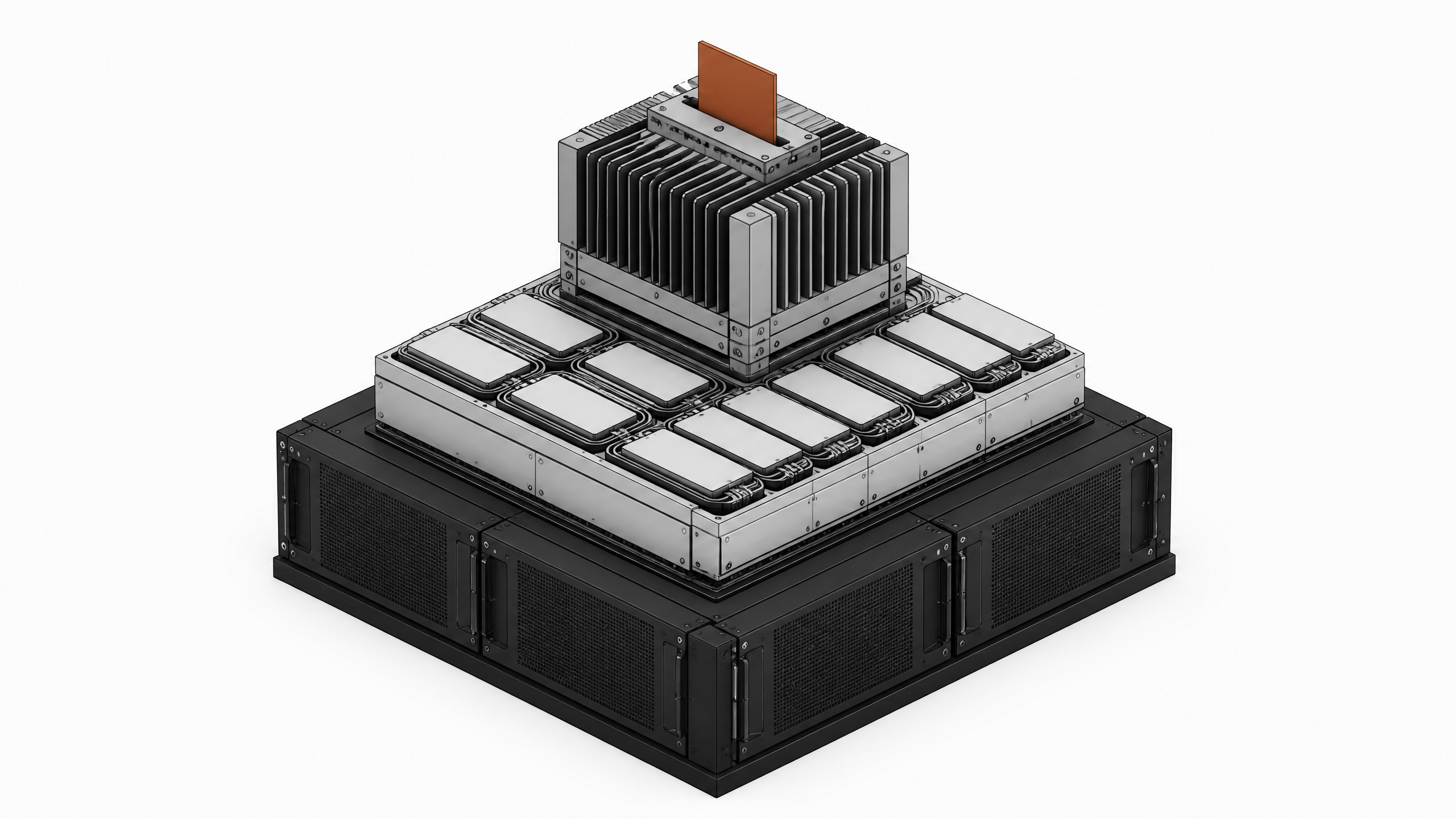 A tiered, freestanding hardware assembly routing a grid of blank rectangular tiles up into a final processing slot, representing a self-hosted local AI inference and infrastructure stack.
