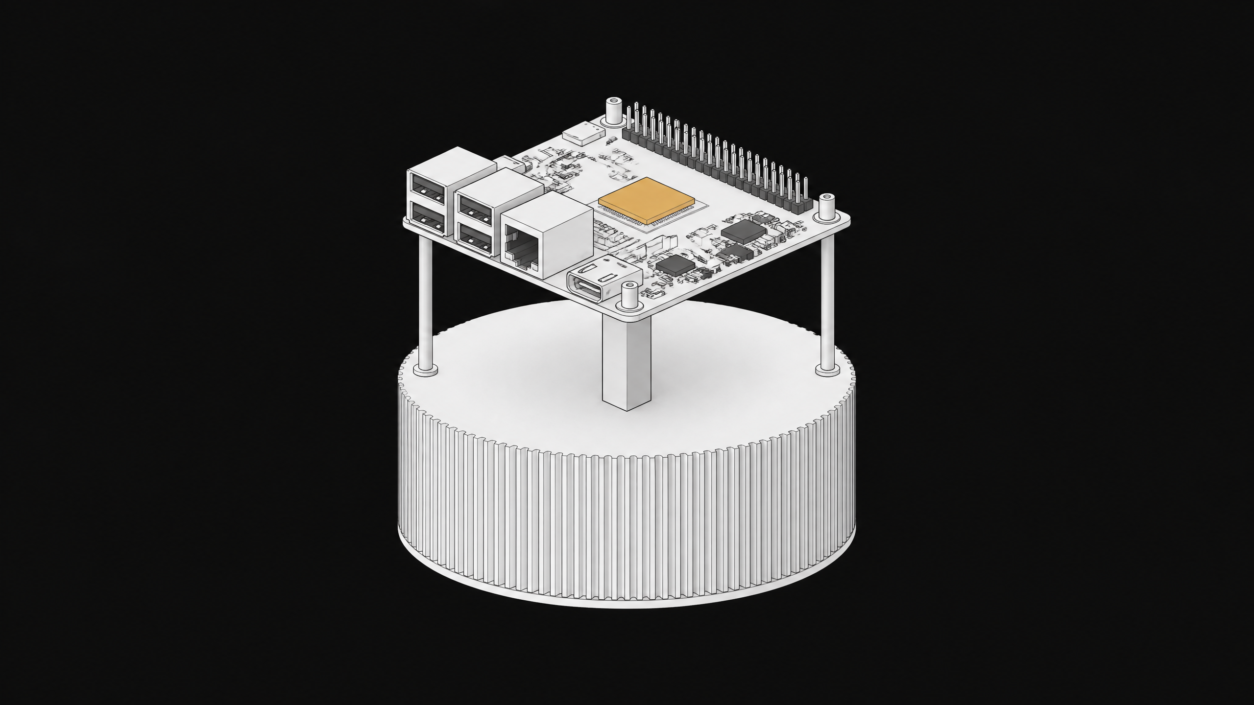 A single-board computer mounted above a sealed foundational cylinder, representing a local AI agent drawing from a read-only database.
