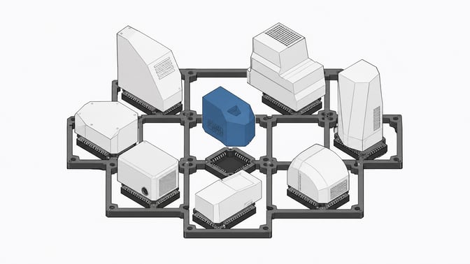 A uniform open backplane standardizing and integrating a diverse array of irregularly shaped hardware modules.