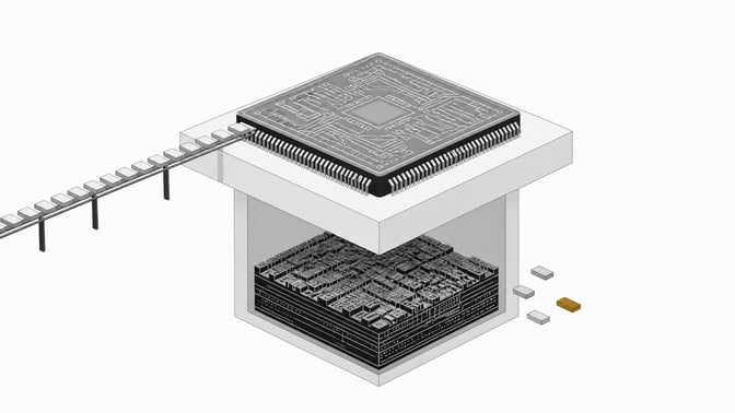 A documented microcontroller chip with a smooth flow of code tokens above, contrasted with an undocumented silicon layer below where tokens sit disconnected and unintegrated.