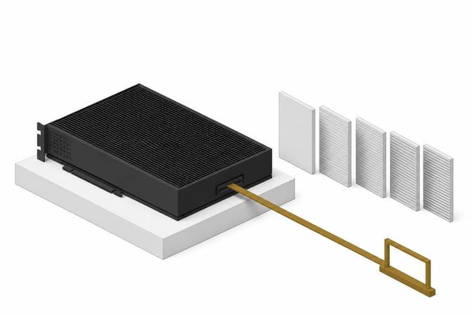 A single GPU module feeding five interchangeable model tiles through a highlighted output channel toward an empty result frame, representing local open-source LLMs run for coding on one graphics card.