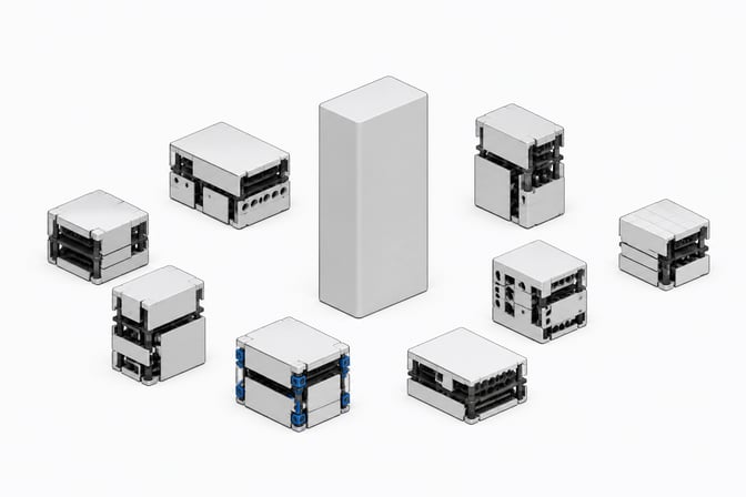 A single sealed software module stands apart from a cluster of smaller, modular assemblies built from interlocking parts, illustrating internal tools being self-built instead of bought as one packaged product.