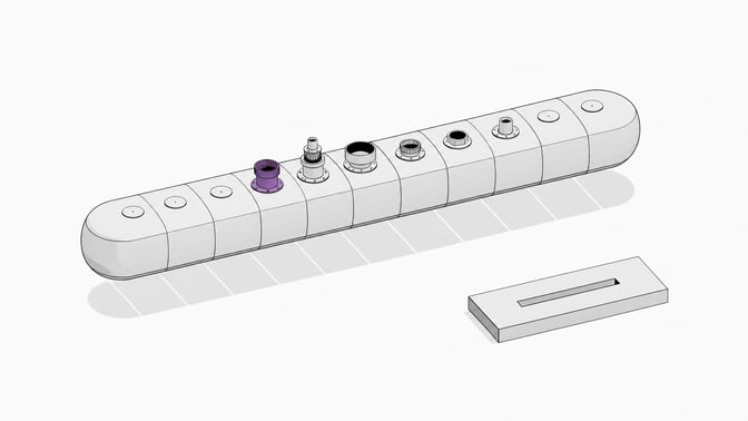 An elongated segmented module with multiple distinct scoped valve openings along its length, next to a separate rigid plate with a single fixed slot, illustrating an autonomous AI agent's variable scoped permissions versus static software-license-style access control.