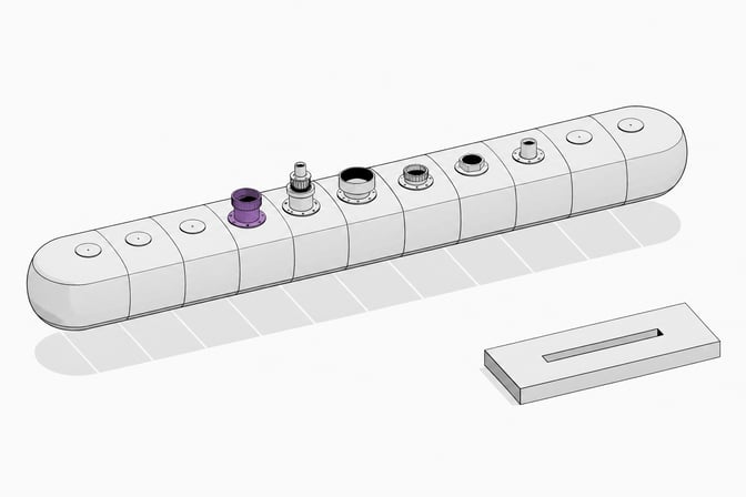 An elongated segmented module with multiple distinct scoped valve openings along its length, next to a separate rigid plate with a single fixed slot, illustrating an autonomous AI agent's variable scoped permissions versus static software-license-style access control.