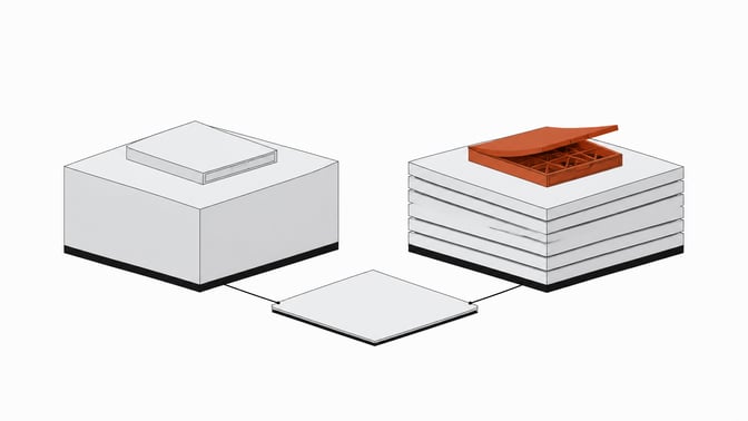 Two equal platforms host identical finished internal-tool trays, one sealed and opaque, the other layered and open to reveal its structure, connected to a shared cost ledger below.