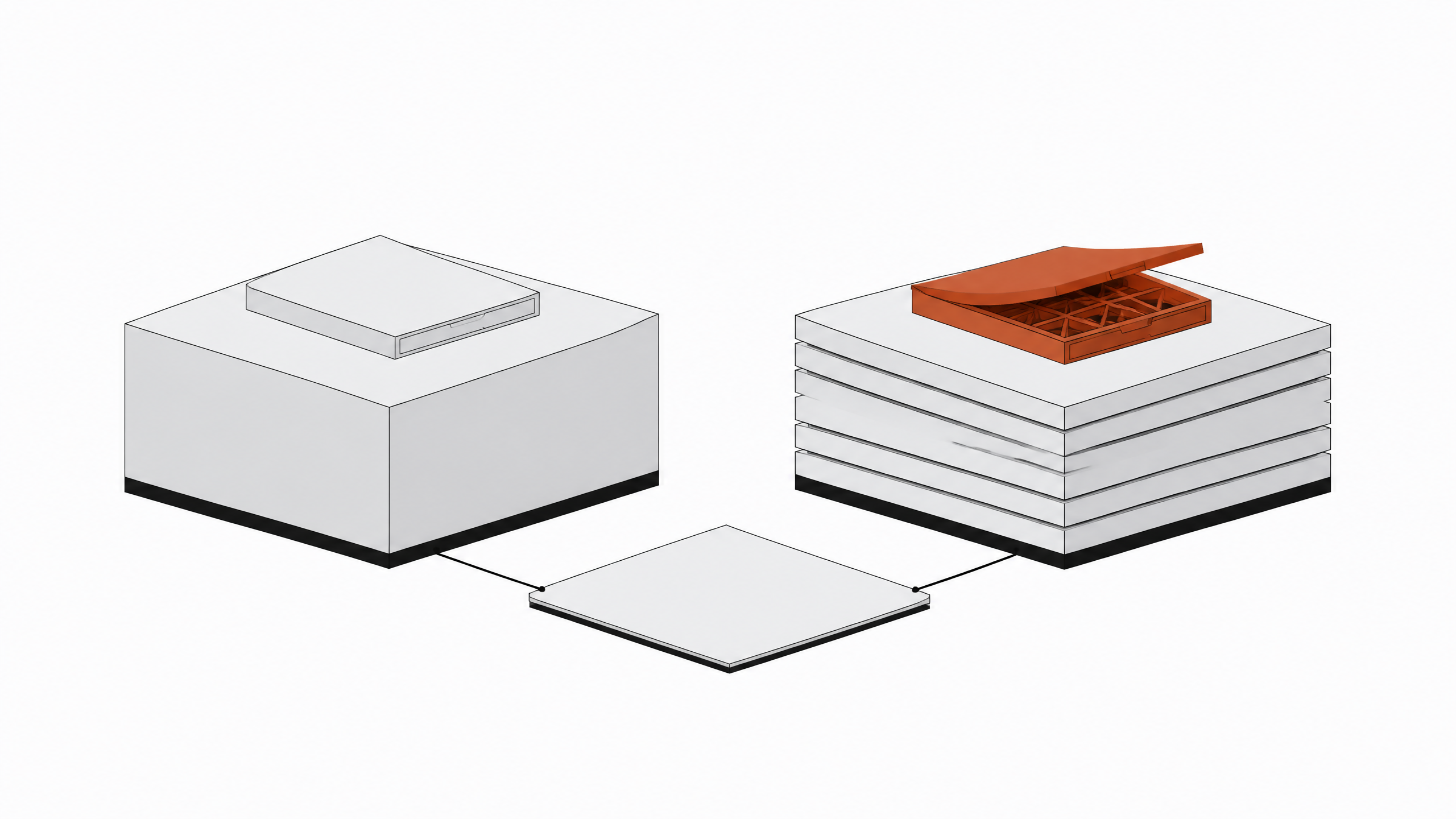 Two equal platforms host identical finished internal-tool trays, one sealed and opaque, the other layered and open to reveal its structure, connected to a shared cost ledger below.