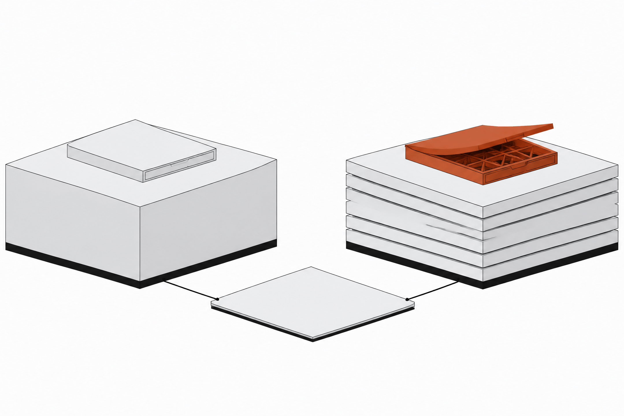 Two equal platforms host identical finished internal-tool trays, one sealed and opaque, the other layered and open to reveal its structure, connected to a shared cost ledger below.
