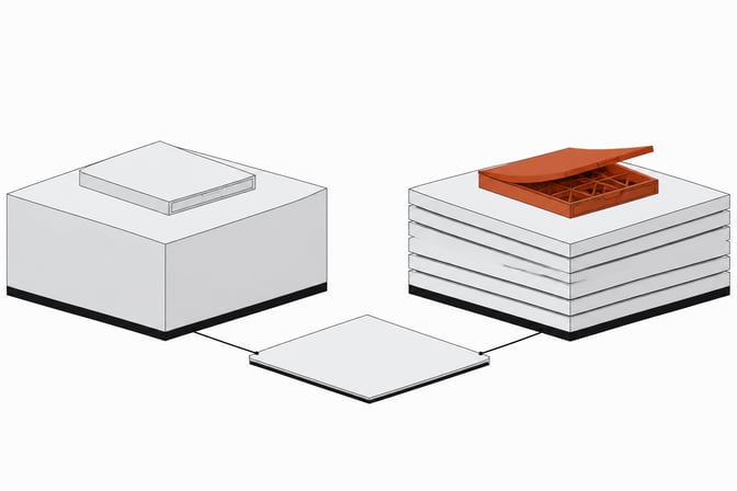 Two equal platforms host identical finished internal-tool trays, one sealed and opaque, the other layered and open to reveal its structure, connected to a shared cost ledger below.
