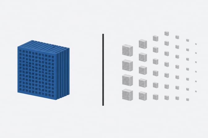 A single dense processing block balanced against a spreading grid of smaller identical modules, illustrating the tradeoff between owning fixed GPU capacity and scaling cloud compute on demand.