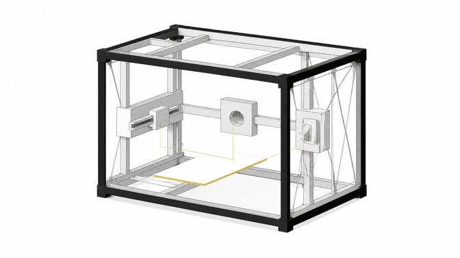 A small blank card sits at the boundary of a larger open mechanical housing, its edge highlighted to show how a compact instruction file connects into a larger system's internal components.
