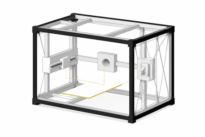 A small blank card sits at the boundary of a larger open mechanical housing, its edge highlighted to show how a compact instruction file connects into a larger system's internal components.