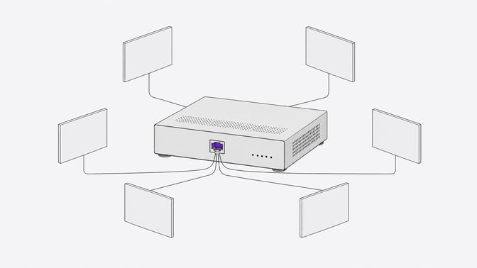 A single self-hosting hardware appliance with one accent-colored port serves as the convergence point for several identical blank panels representing replaced cloud services.