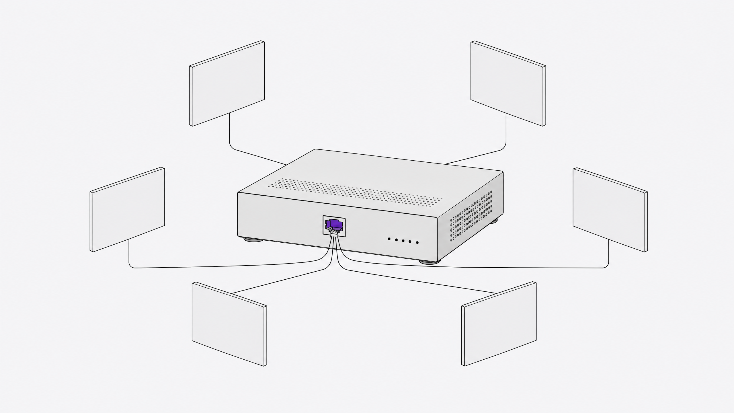 A single self-hosting hardware appliance with one accent-colored port serves as the convergence point for several identical blank panels representing replaced cloud services.