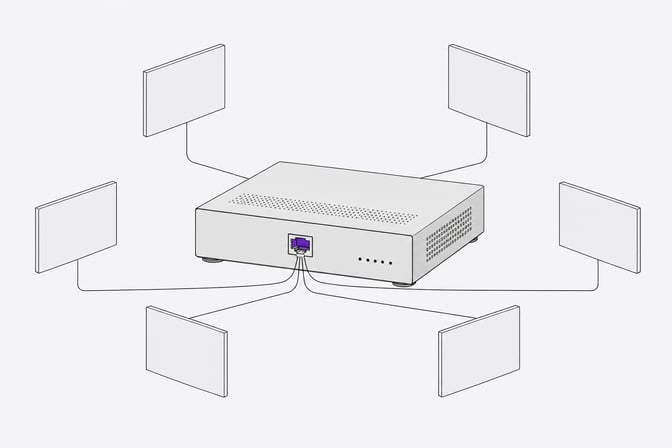 A single self-hosting hardware appliance with one accent-colored port serves as the convergence point for several identical blank panels representing replaced cloud services.