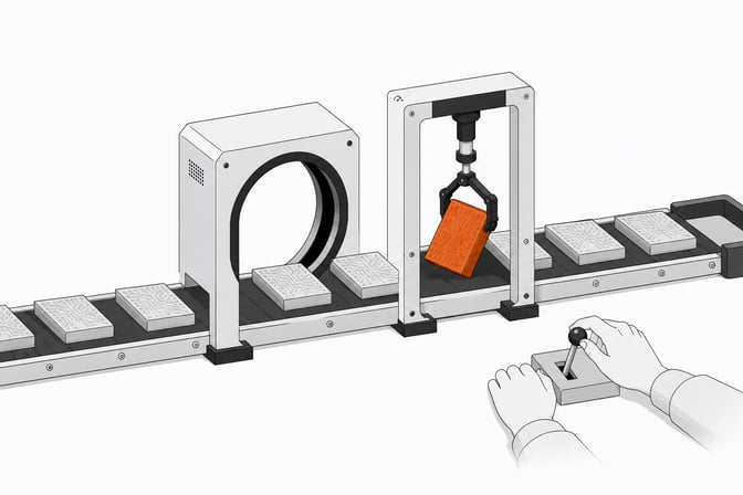 A conveyor of uniform code-block tokens passes through an automated scanner while a mechanical clamp singles out one block for closer inspection, illustrating human review of AI-generated code alongside automated benchmarking.
