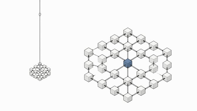 Illustration contrasting a distant tall networked spire with a compact, self-contained hexagonal cluster of interconnected nodes, representing cloud-based versus locally hosted AI infrastructure.