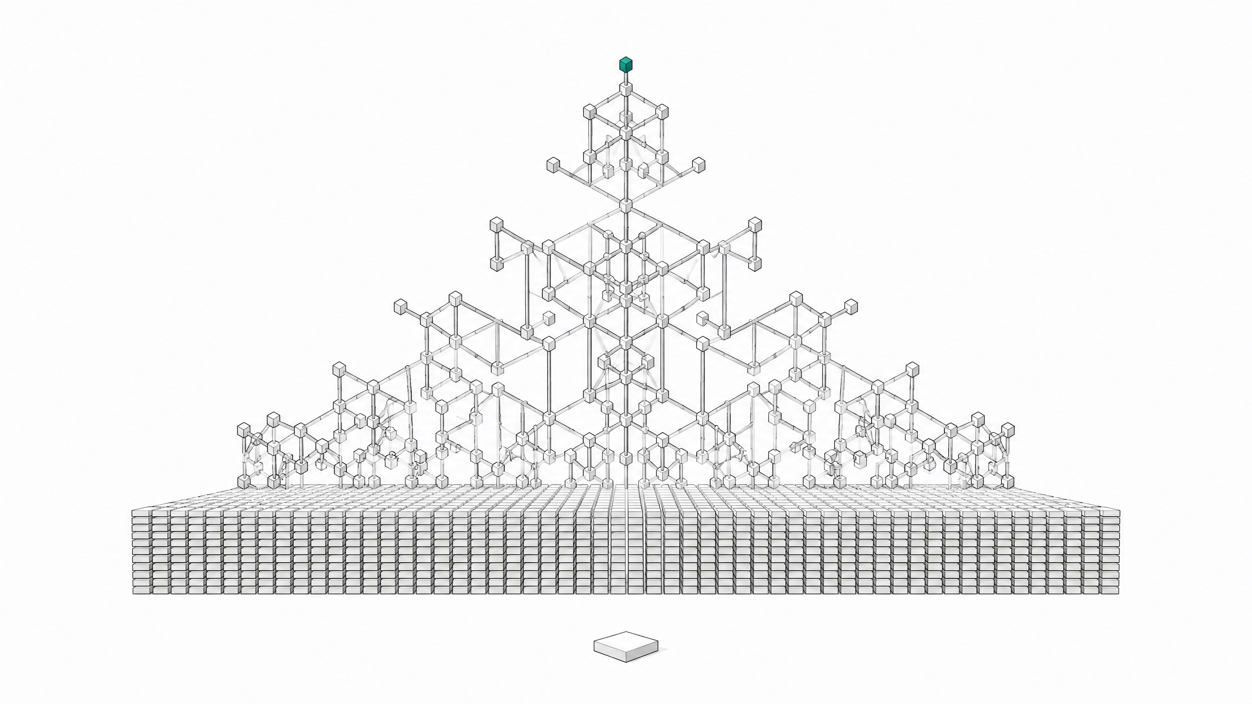 A single predicted token tile sits before a vast grid of identical tiles, above which rises an intricate branching lattice structure built from the same repeated unit, illustrating how simple next-token prediction gives rise to complex emergent structure.