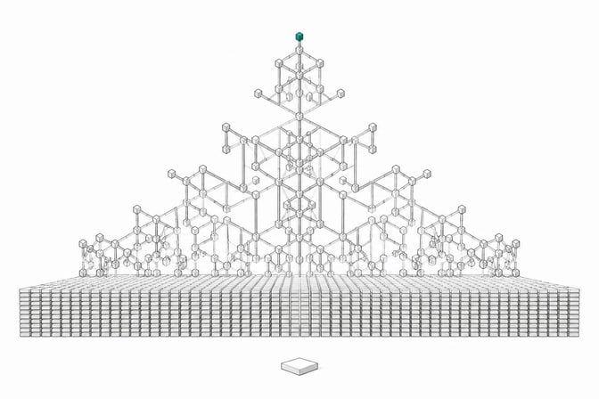 A single predicted token tile sits before a vast grid of identical tiles, above which rises an intricate branching lattice structure built from the same repeated unit, illustrating how simple next-token prediction gives rise to complex emergent structure.