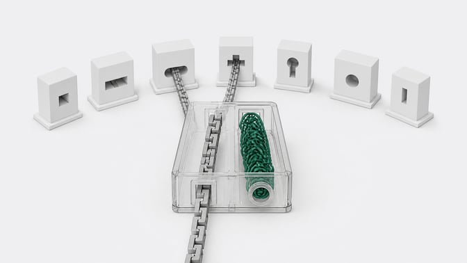 A transparent connector block shows one channel of uniform pieces passing freely into many different ports while a tangled knot in a parallel channel remains stuck able to fit only one port, illustrating portable code versus non-portable reasoning in AI coding agents.