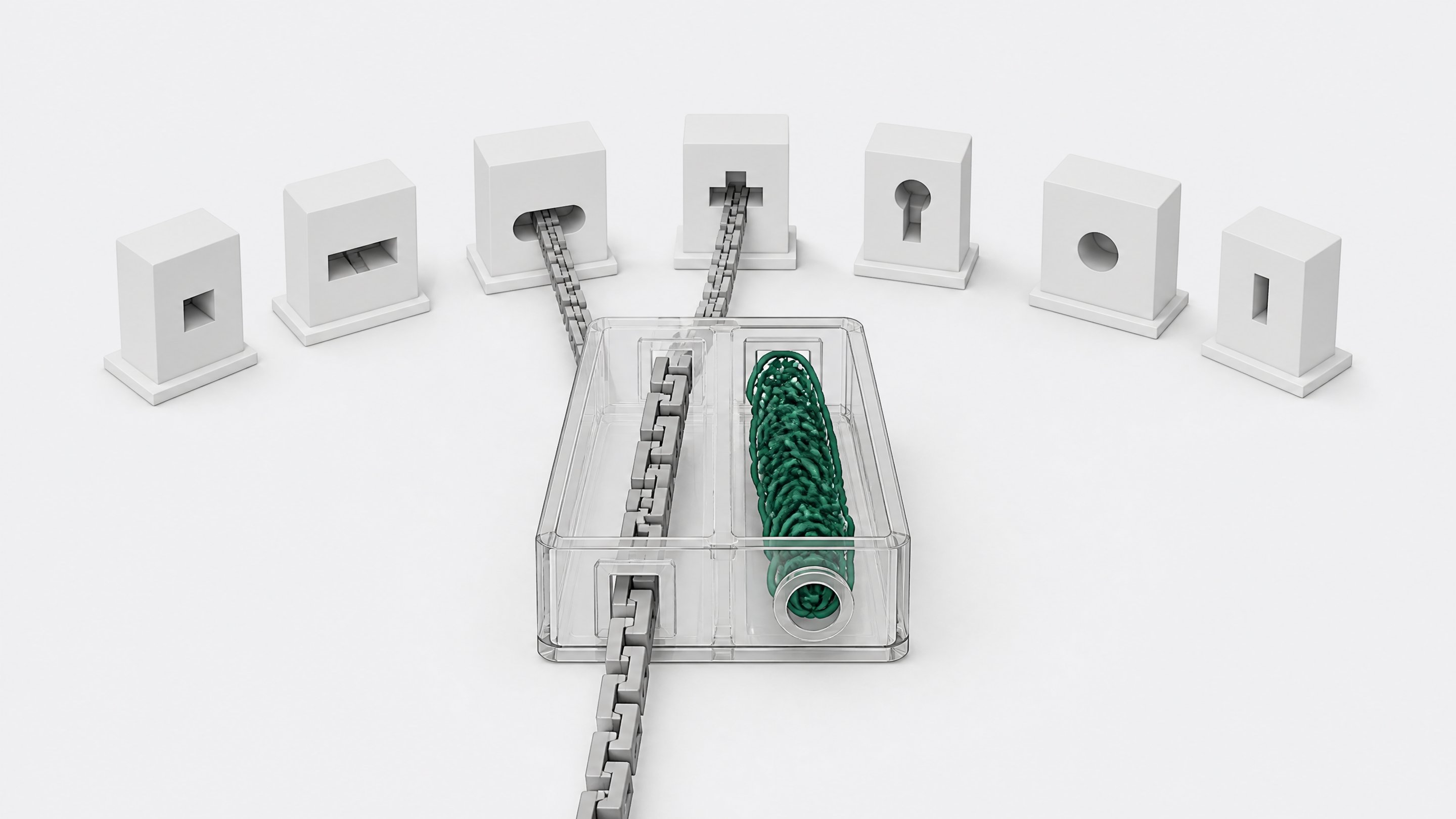 A transparent connector block shows one channel of uniform pieces passing freely into many different ports while a tangled knot in a parallel channel remains stuck able to fit only one port, illustrating portable code versus non-portable reasoning in AI coding agents.