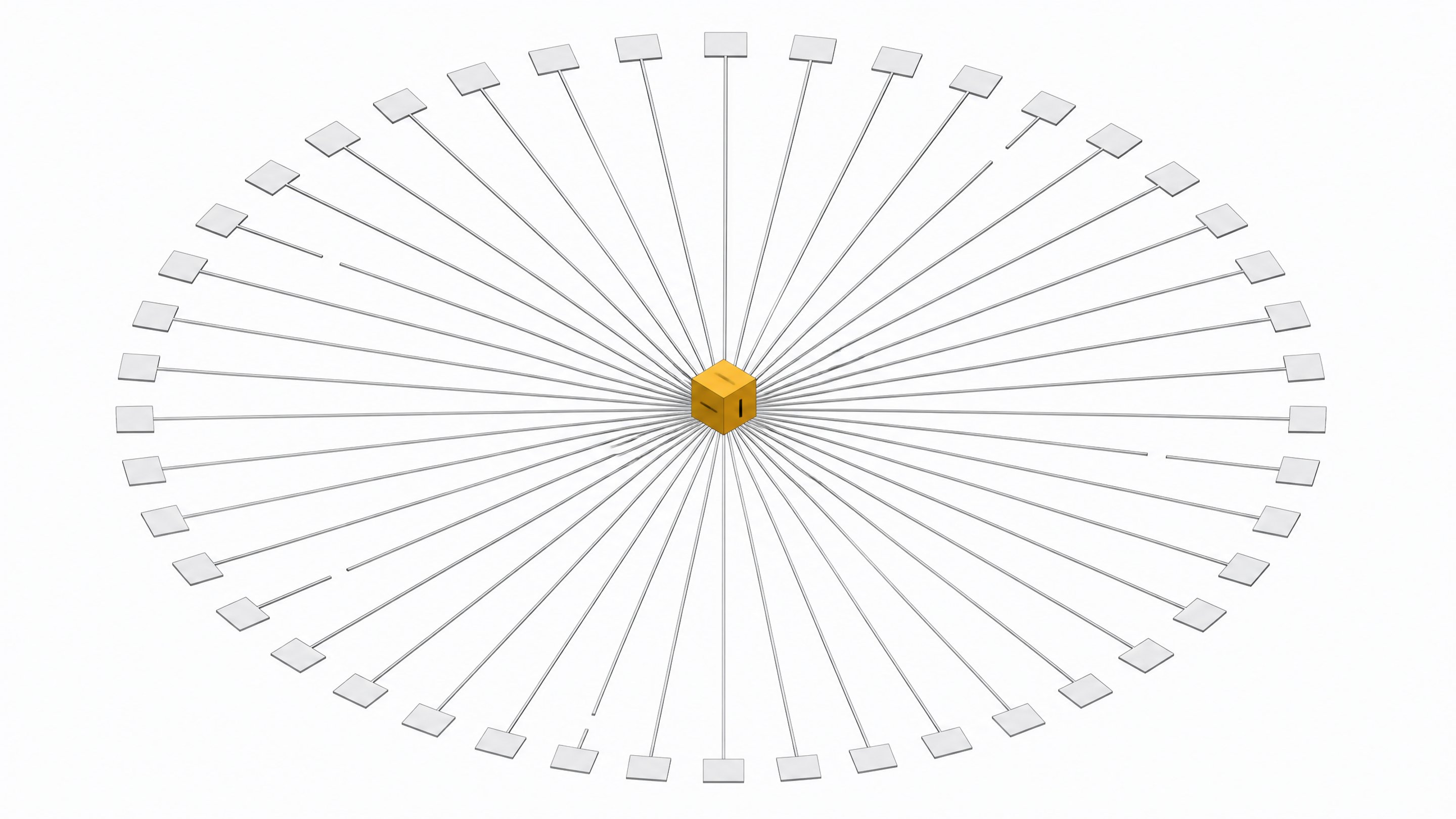 A central filtering cube governs a radiating ring of many identical query paths, some intact and some visibly severed, illustrating DNS-level tracker blocking.