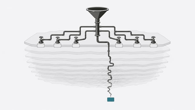 A branching pipe diagram where most branches resolve cleanly near the surface while one branch plunges deep and ends abruptly at an unconnected node, representing an incident-response path that runs out of understanding before reaching resolution.