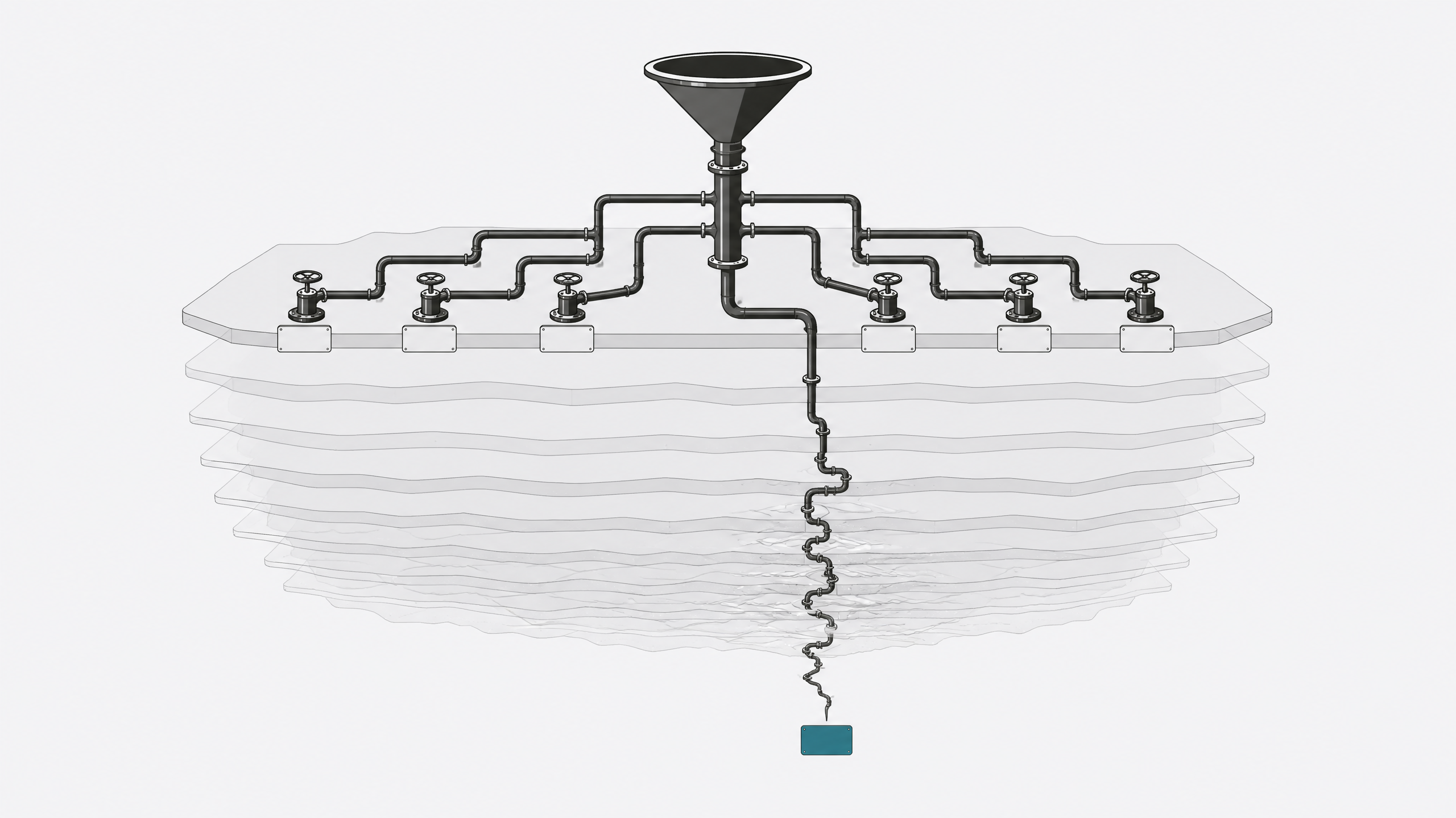 A branching pipe diagram where most branches resolve cleanly near the surface while one branch plunges deep and ends abruptly at an unconnected node, representing an incident-response path that runs out of understanding before reaching resolution.