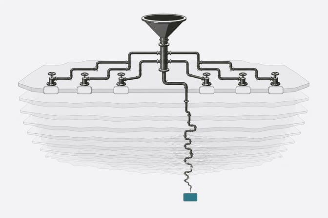 A branching pipe diagram where most branches resolve cleanly near the surface while one branch plunges deep and ends abruptly at an unconnected node, representing an incident-response path that runs out of understanding before reaching resolution.