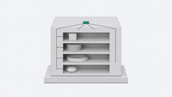A single unified hardware module with four distinct function slots converging into one central processing node, representing a self-hosted stack combining compute, storage, background jobs, and local AI inference.