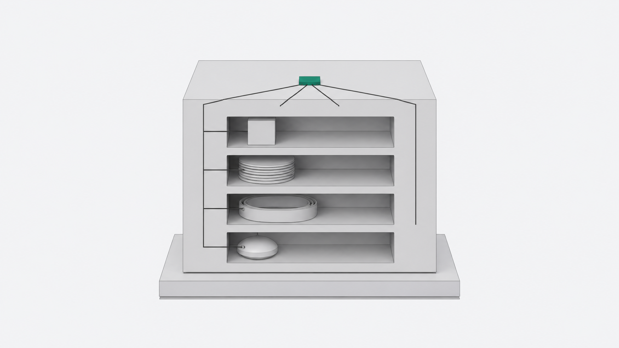 A single unified hardware module with four distinct function slots converging into one central processing node, representing a self-hosted stack combining compute, storage, background jobs, and local AI inference.