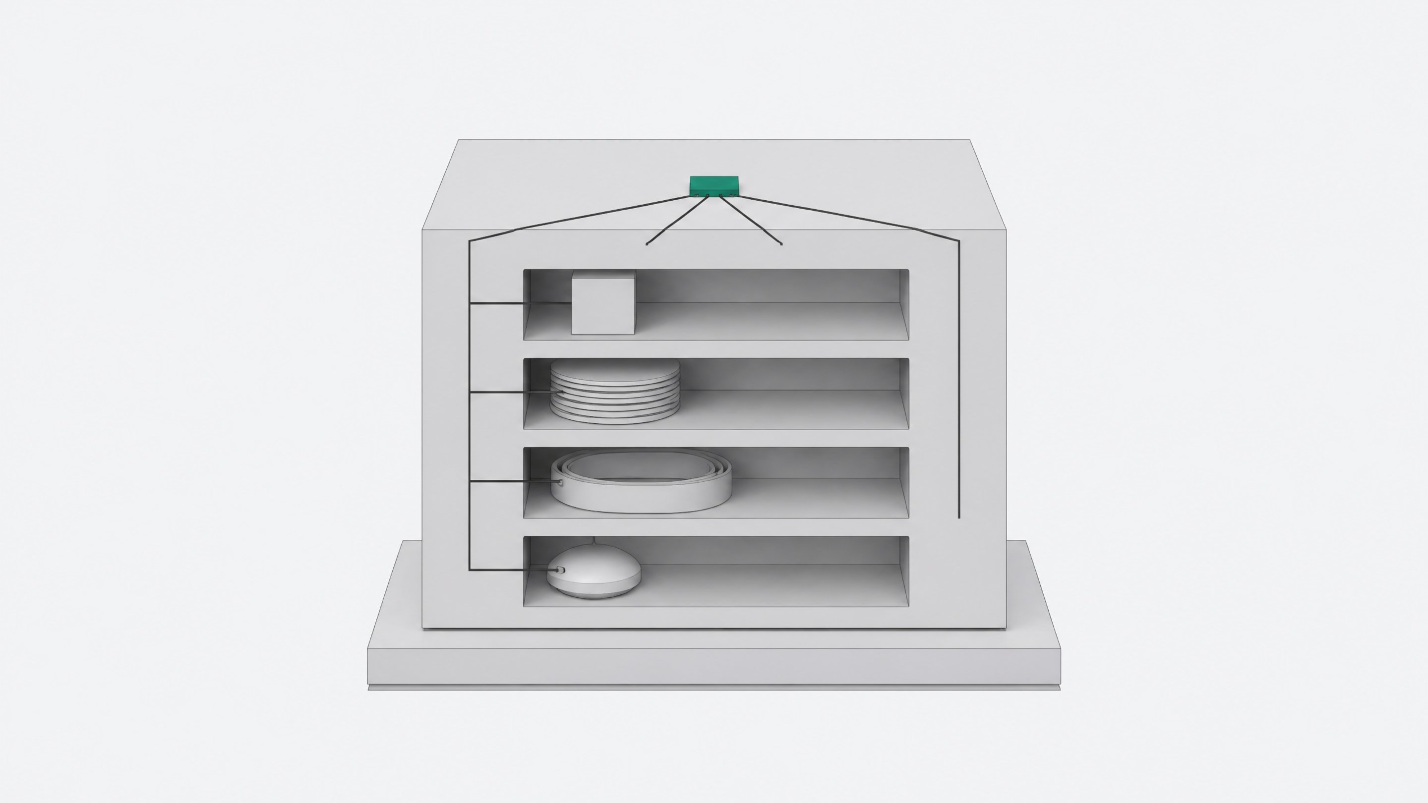A single unified hardware module with four distinct function slots converging into one central processing node, representing a self-hosted stack combining compute, storage, background jobs, and local AI inference.