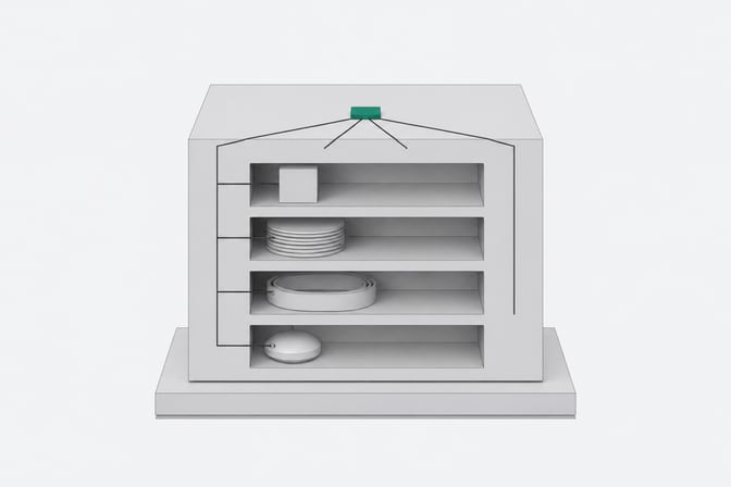 A single unified hardware module with four distinct function slots converging into one central processing node, representing a self-hosted stack combining compute, storage, background jobs, and local AI inference.