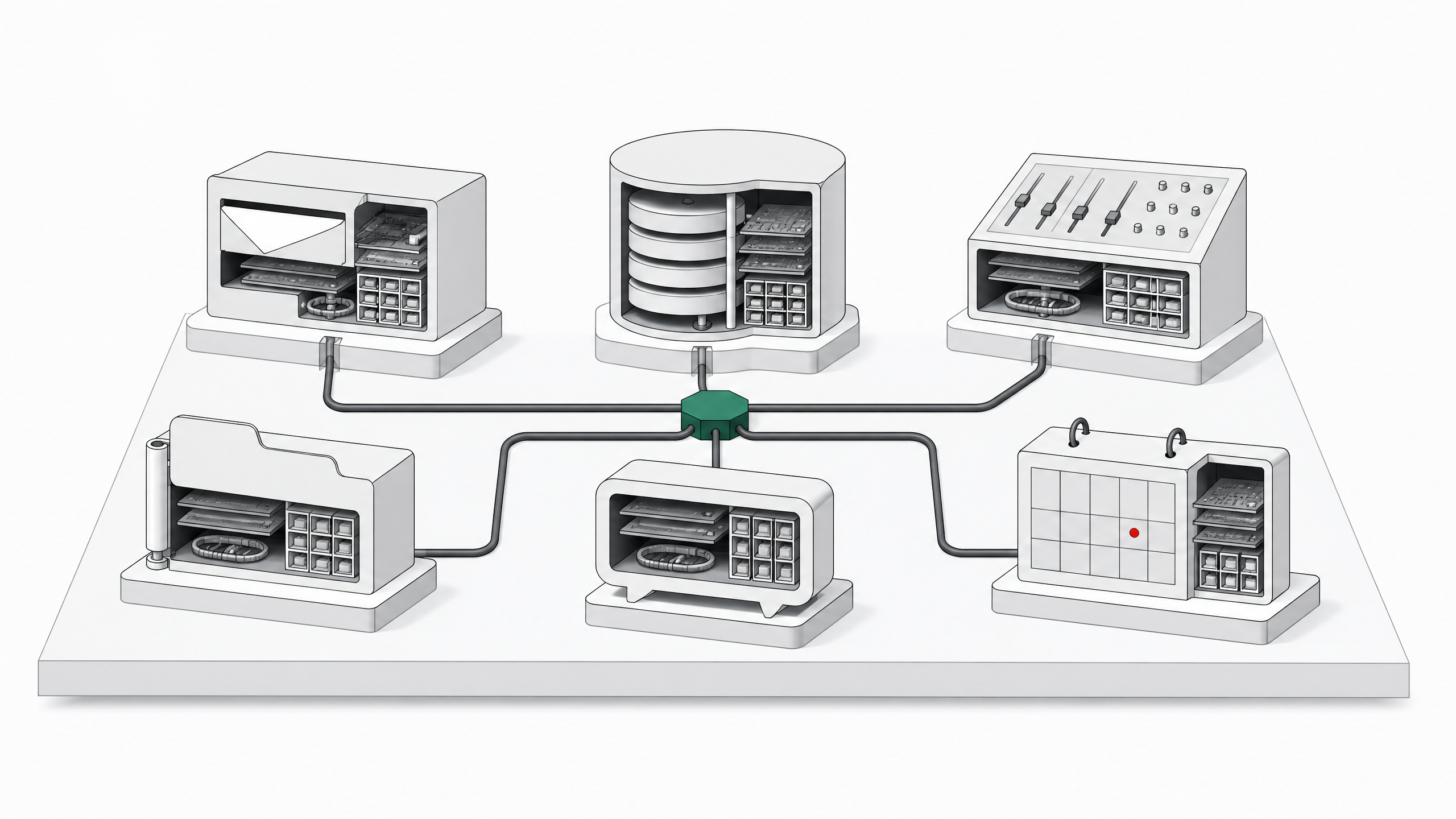 A grid of six distinct modular hardware blocks, each a cutaway resembling a different hosted-service function, wired together by a single conduit to a central hub.