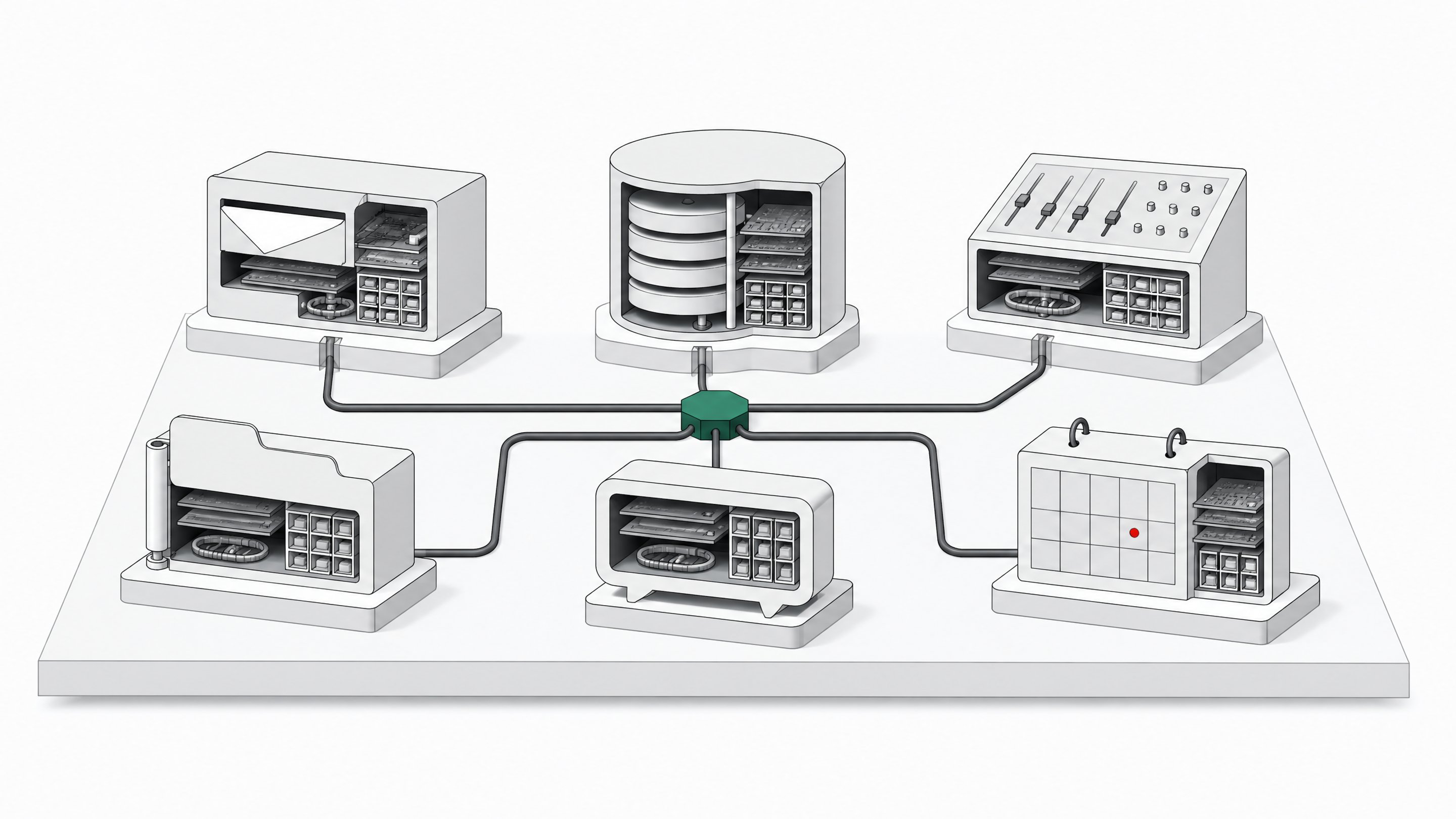 A grid of six distinct modular hardware blocks, each a cutaway resembling a different hosted-service function, wired together by a single conduit to a central hub.