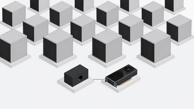 A single compressed AI model block paired one-to-one with a single graphics card, contrasted against a grid of larger, bulkier equivalents in the background.