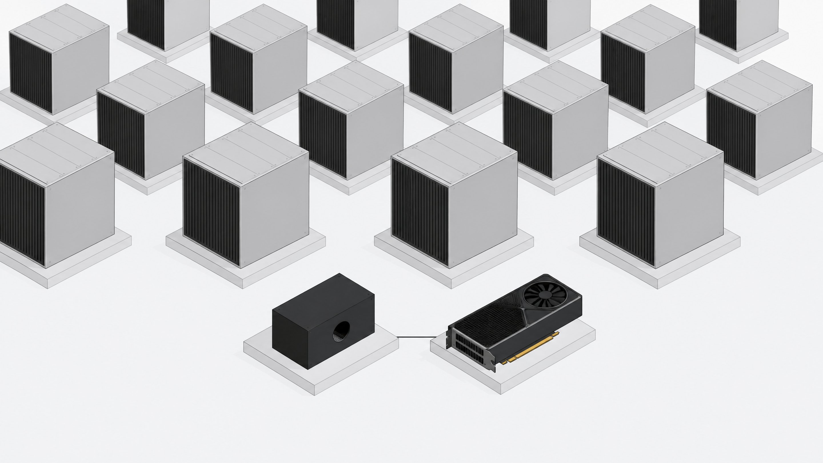 A single compressed AI model block paired one-to-one with a single graphics card, contrasted against a grid of larger, bulkier equivalents in the background.