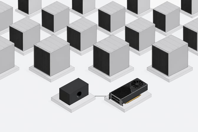 A single compressed AI model block paired one-to-one with a single graphics card, contrasted against a grid of larger, bulkier equivalents in the background.